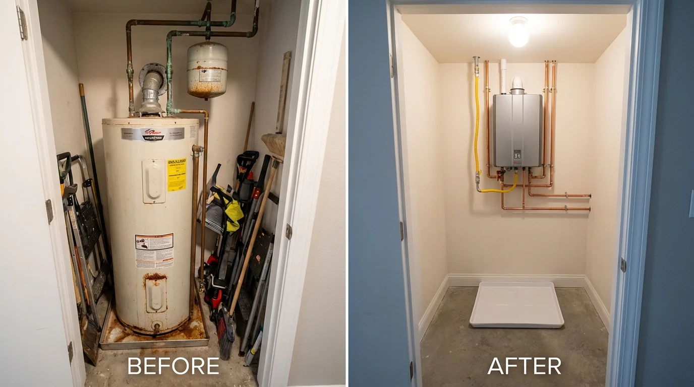 Tank water heater versus wall-mounted tankless unit comparison for Camp Point, IL homeowners