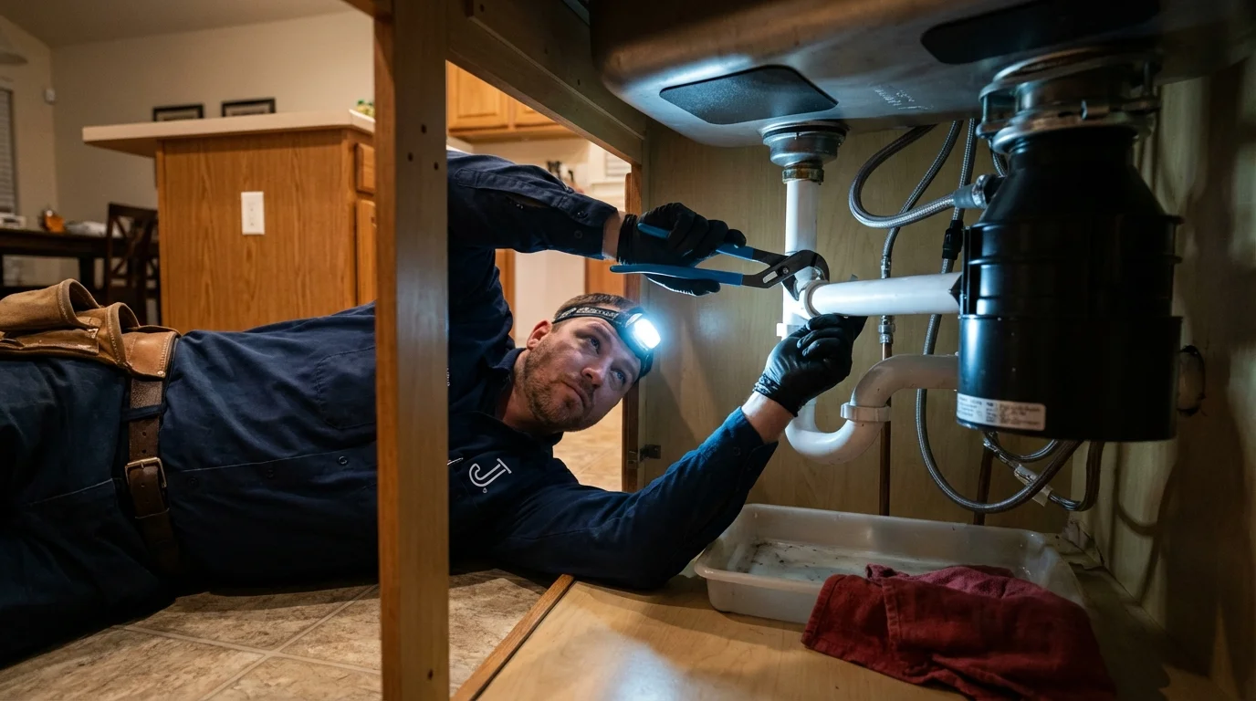 P-trap and supply line connections under a kitchen sink showing a common leak point in Camp Point, IL
